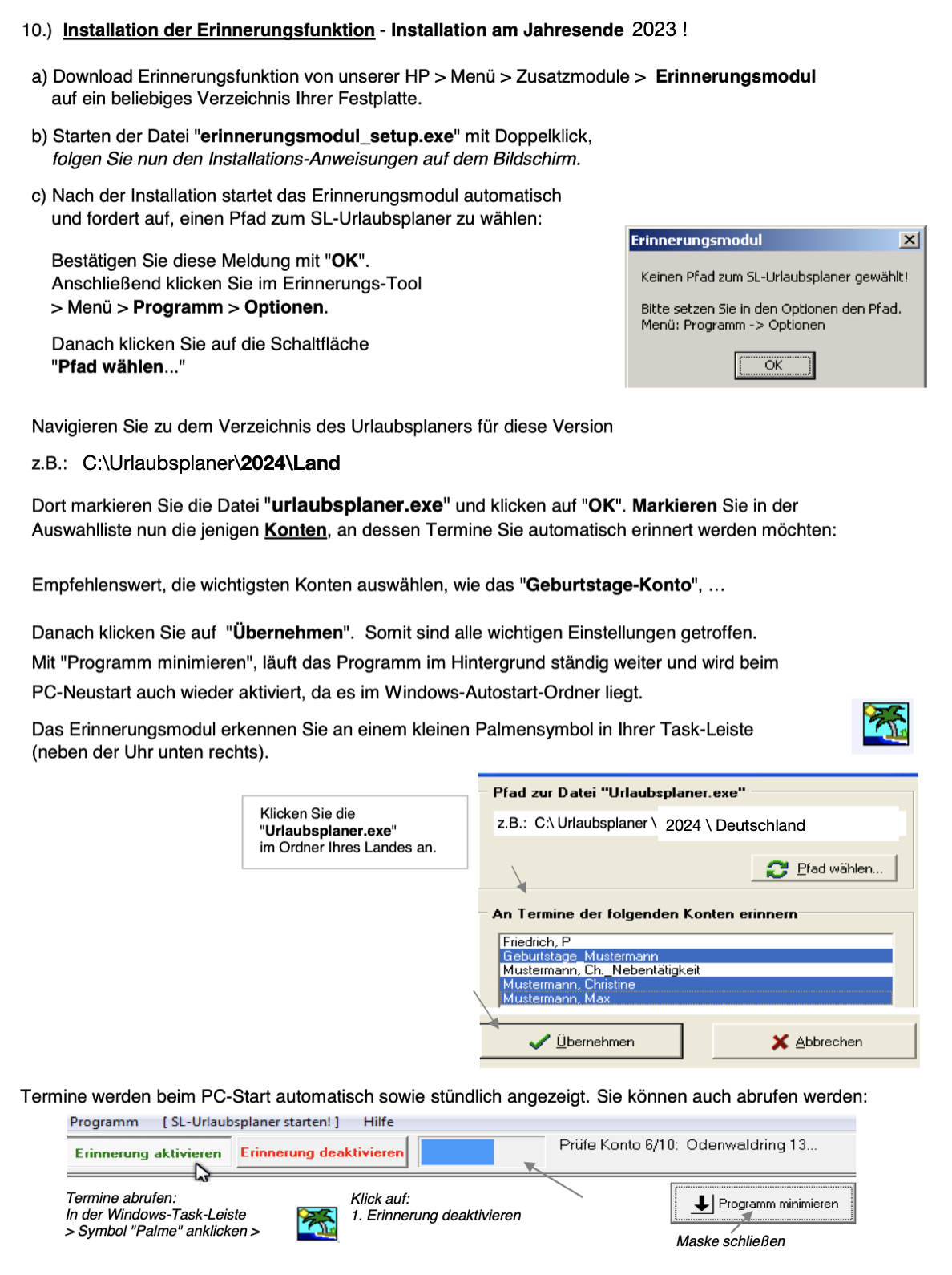 Einrichtung, Kontenauswahl und Erinnerungsmenü aus der Anleitung für 2024
