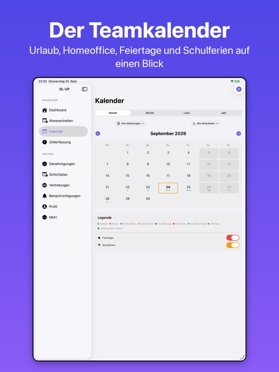 SL-UP Teamkalender auf dem iPad mit Urlaub, Homeoffice, Feiertagen und Schulferien